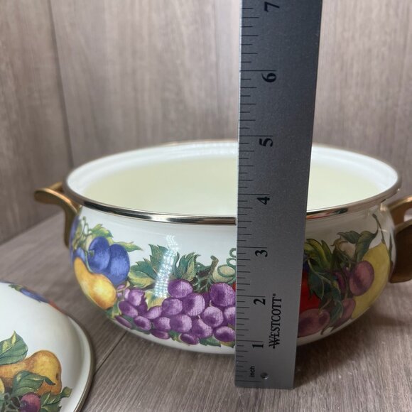 Cornucopia Enamel On Steel 3 Quart Covered Casserole Fruit Pattern Brass Handle - Picture 13 of 13